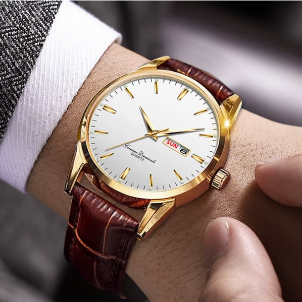 BINBOND Classic 40mm – White dial, gold case, and leather strap