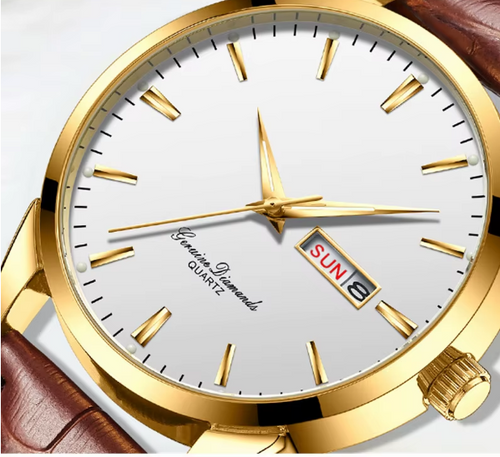 BINBOND Classic 40 mm – Esfera blanca, caja dorada y correa de cuero