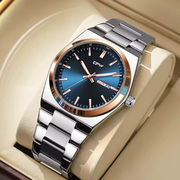 Reloj hombre dial azul bisel oro rosa acero inoxidable 40mm