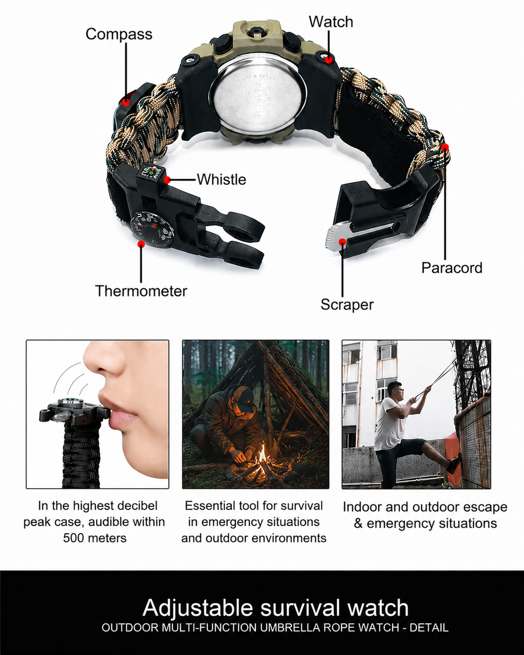 Reloj Táctico Multifunción con Paracord y Kit de Supervivencia