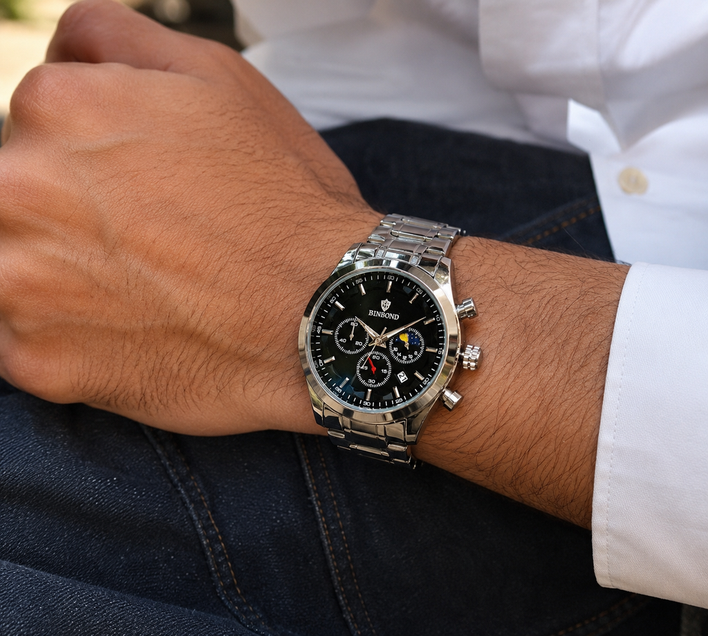 BINBOND Chronograph Steel Watch 44mm – Black Dial