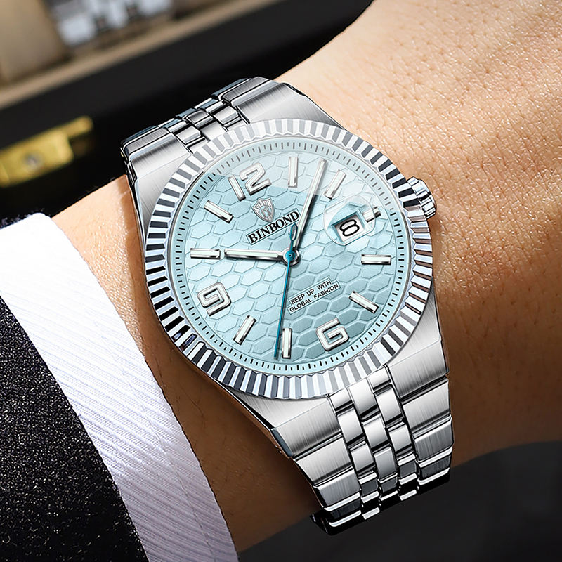 BINBOND Classic Sport estilo Datejust– Brazalete metálico y esfera texturizada