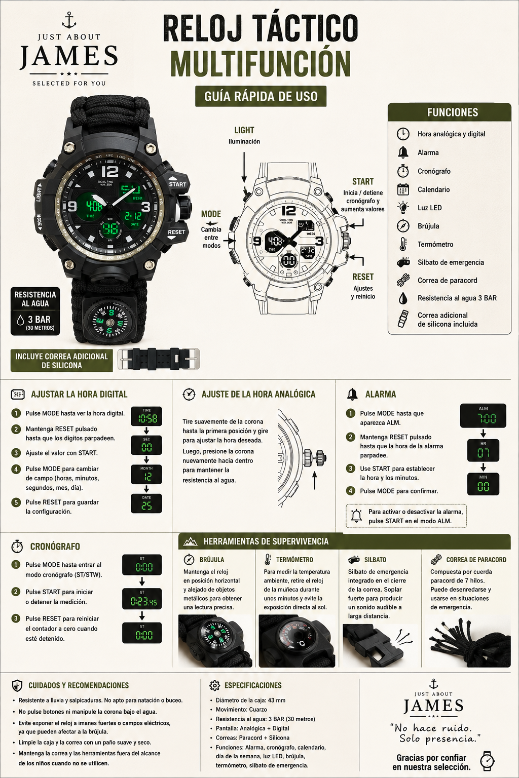 Reloj Táctico Multifunción con Paracord y Kit de Supervivencia