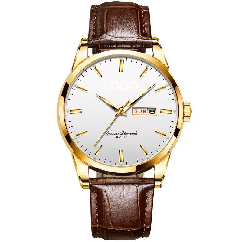 BINBOND Classic 40mm – White dial, gold case, and leather strap