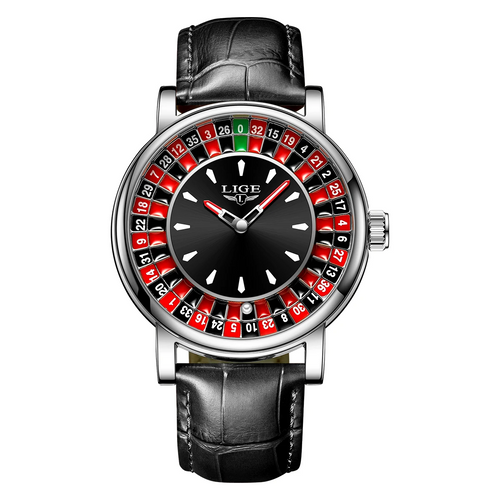 Reloj LIGE Casino Roulette LG89161 de cuarzo, 45 mm, esfera inspirada en ruleta de casino y correa de cuero negra. Una pieza llamativa para quienes buscan un reloj diferente.