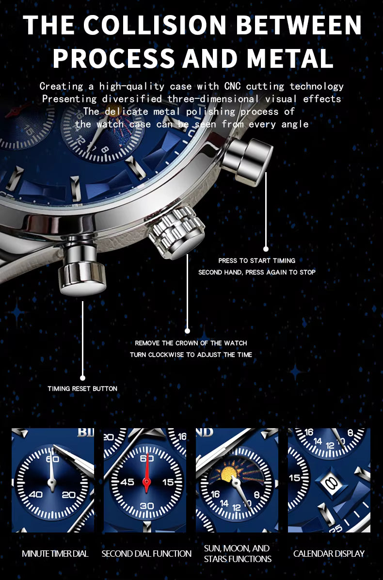 BINBOND Chronograph Steel Watch 44mm – Black Dial