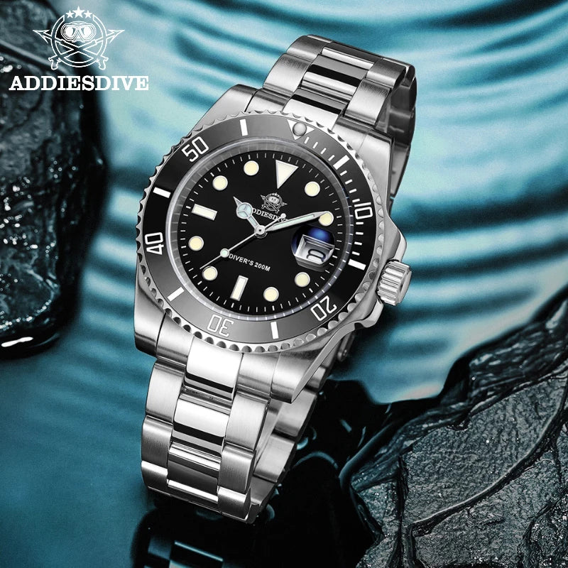 ADDIESDIVE Diver 38 mm – Acero, 20 ATM y brazalete metálico