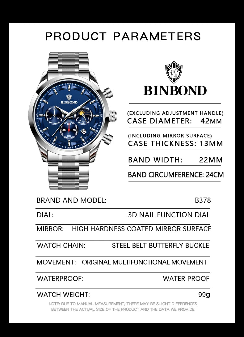 BINBOND Chronograph Steel Watch 44mm – Black Dial
