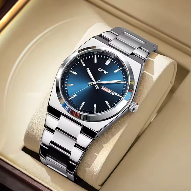 Reloj hombre dial azul bisel plata acero inoxidable 40mm