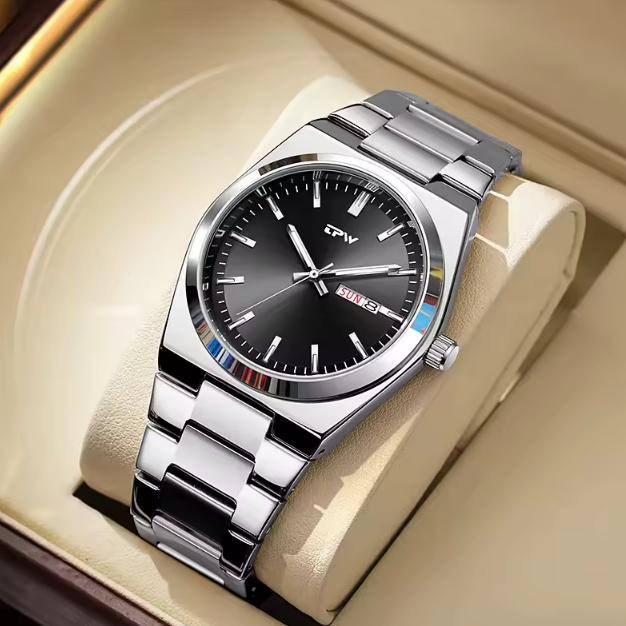 Reloj hombre acero inoxidable dial negro 40mm brazalete plata