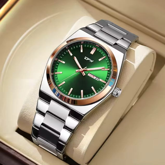 Reloj hombre dial verde bisel oro rosa acero inoxidable Just About James