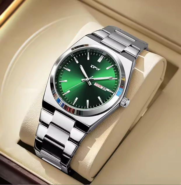 Reloj hombre dial verde bisel plata acero inoxidable Just About James
