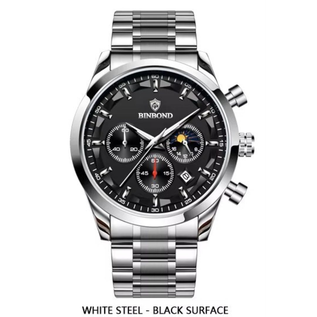 BINBOND Chronograph Steel Watch 44mm – Black Dial
