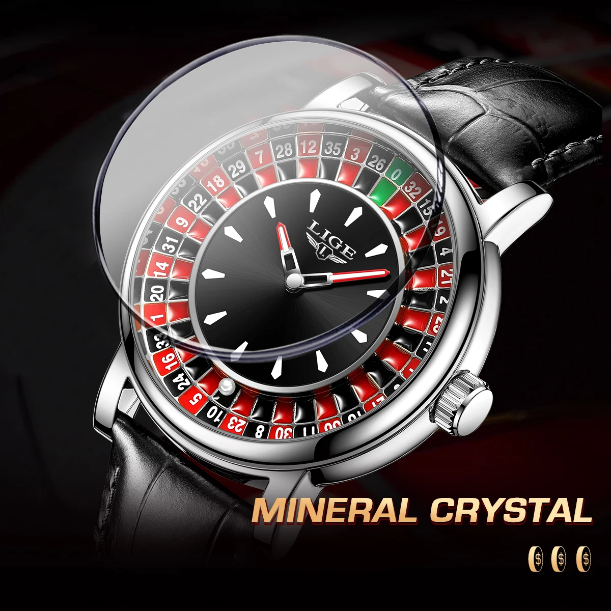 LIGE Casino Roulette 45 mm – Roulette Dial and Black Strap