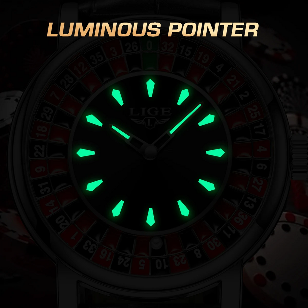 LIGE Casino Roulette 45 mm – Esfera ruleta y correa negra