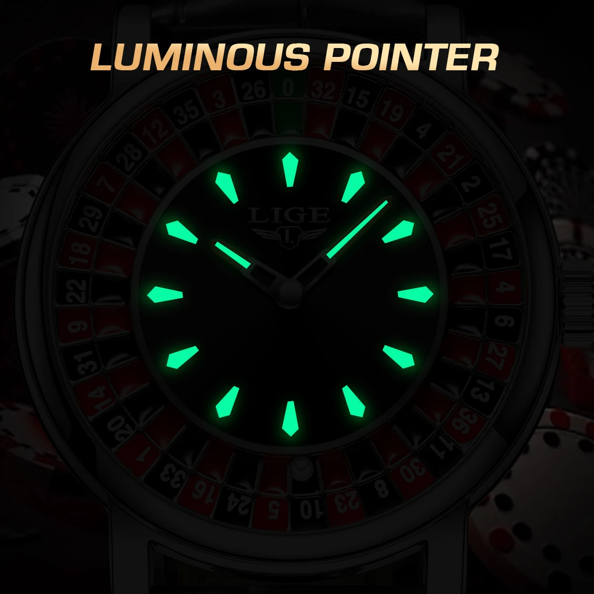 LIGE Casino Roulette 45 mm – Roulette Dial and Black Strap
