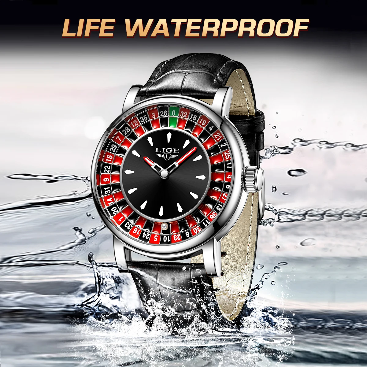 LIGE Casino Roulette 45 mm – Roulette Dial and Black Strap