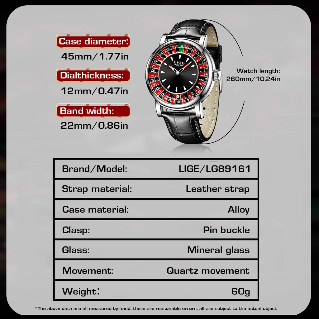 LIGE Casino Roulette 45 mm – Esfera ruleta y correa negra