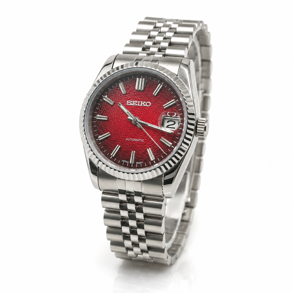 Seiko Mod Ruby Red automático NH35 con esfera roja y brazalete de acero